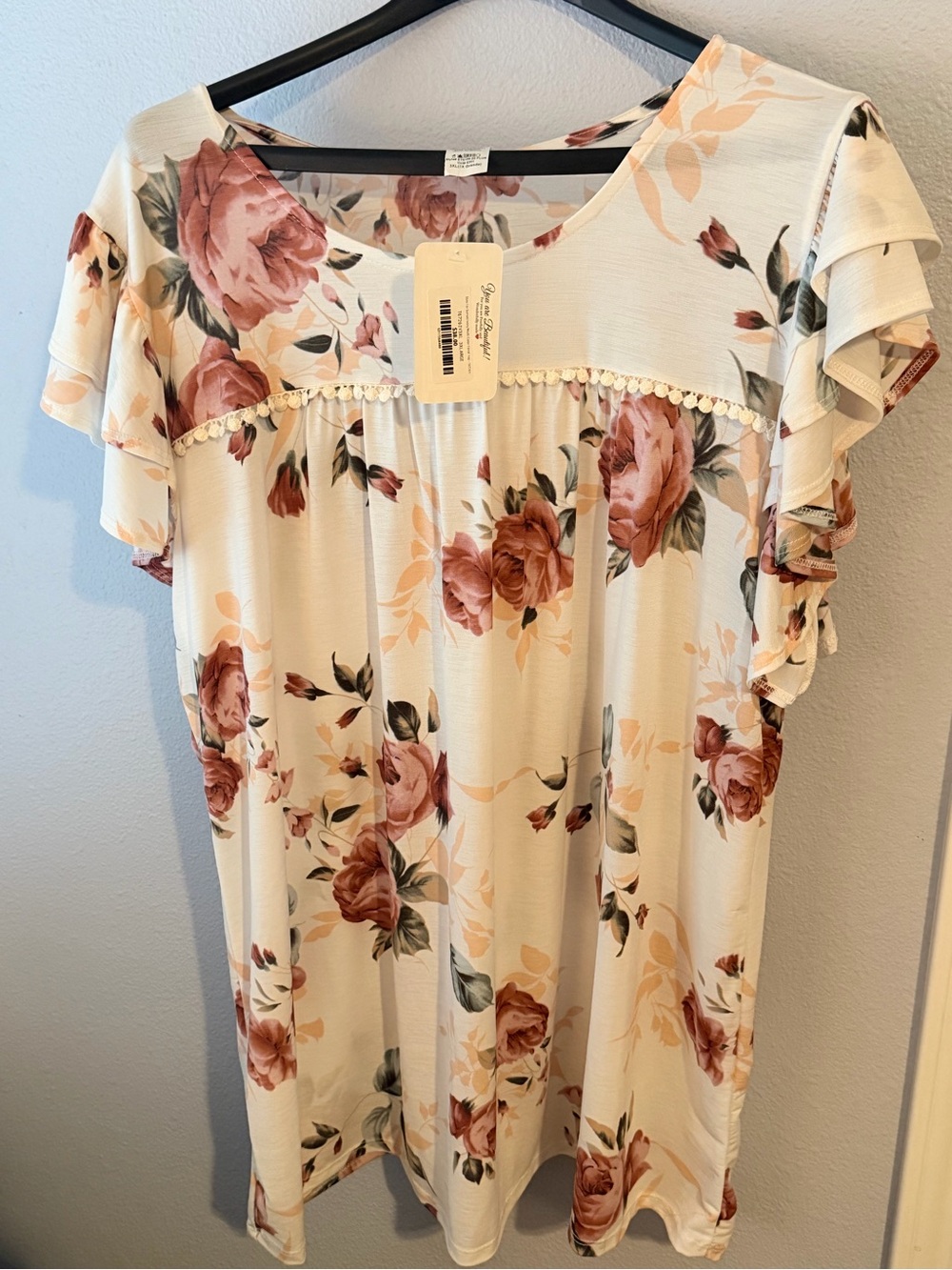 Floral Ruffle Sleeve Blouse in Cream and Dusty Rose
